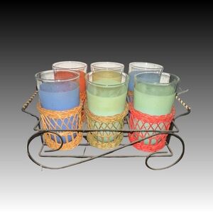 6 Vintage Pastel Colorful Glasses in Sized Woven Baskets & Black Metal H…